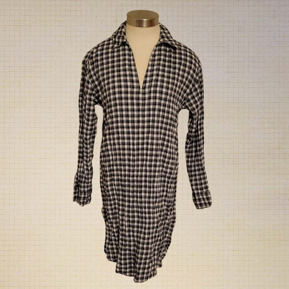 Gingham Tunic Shirt Dress H&M Black White Long Sleeve XS Cotton
